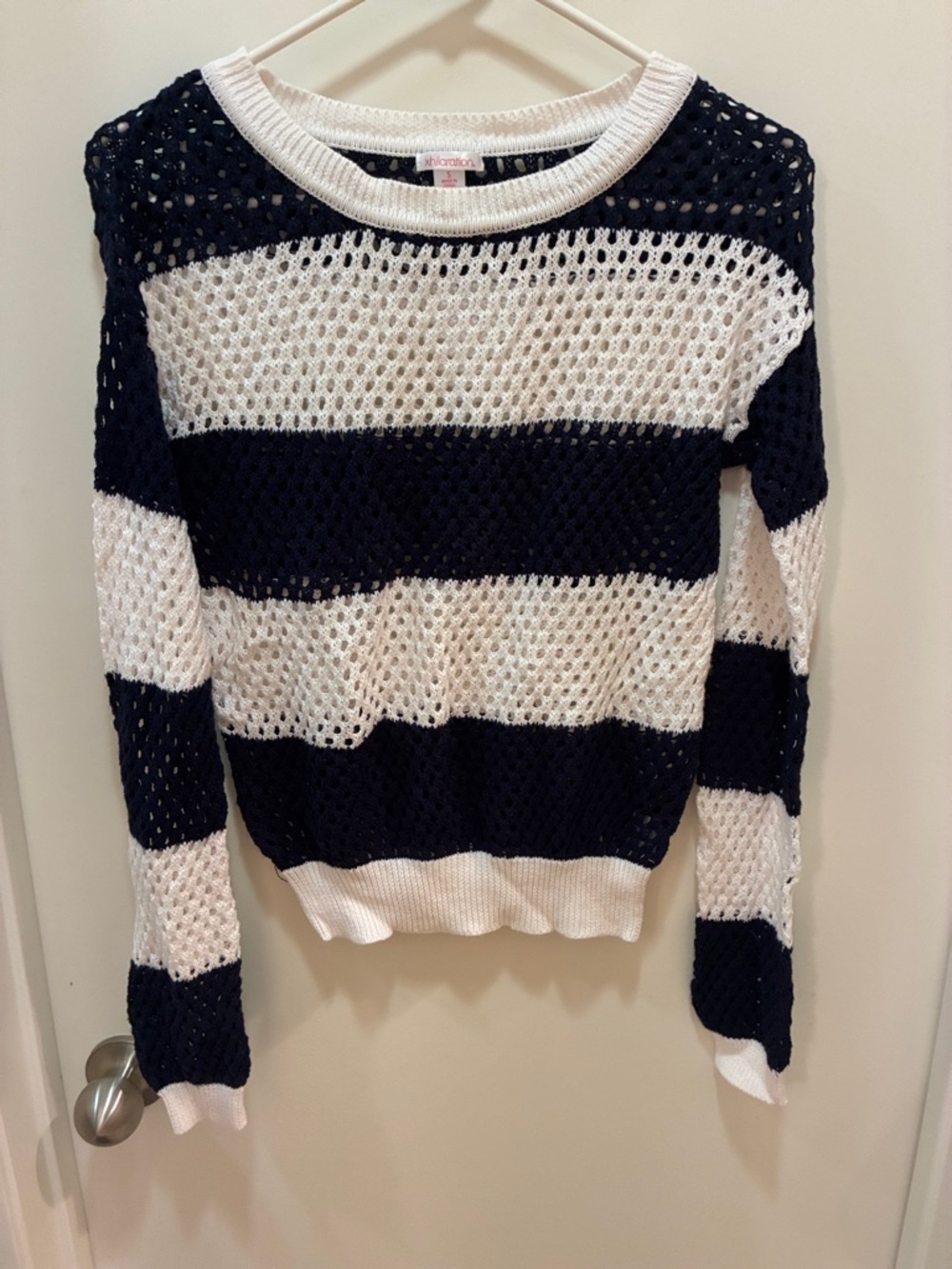 Xhilaration Navy & White Striped Open-Knit Crew Sweater